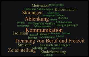 Herausforderungen im Homeoffice: Größer abgebildete Begriffe wurden besonders häufig genannt